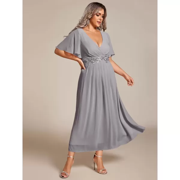 imageEverPretty Womens V Neck Pleated Plus Size Ruffles Sleeves Tea Length Wedding Guest Dresses 02093Grey