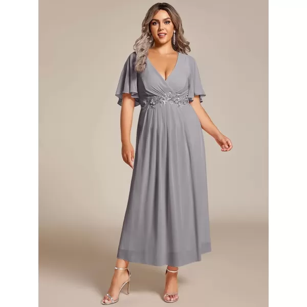 imageEverPretty Womens V Neck Pleated Plus Size Ruffles Sleeves Tea Length Wedding Guest Dresses 02093Grey