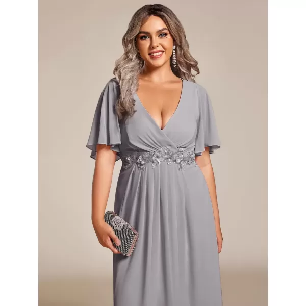 imageEverPretty Womens V Neck Pleated Plus Size Ruffles Sleeves Tea Length Wedding Guest Dresses 02093Grey