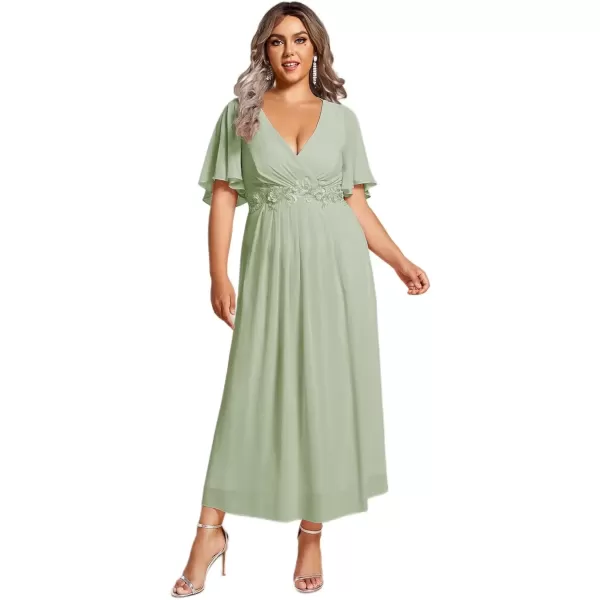 imageEverPretty Womens V Neck Pleated Plus Size Ruffles Sleeves Tea Length Wedding Guest Dresses 02093Mint Green