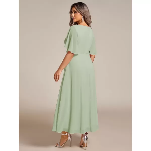 imageEverPretty Womens V Neck Pleated Plus Size Ruffles Sleeves Tea Length Wedding Guest Dresses 02093Mint Green