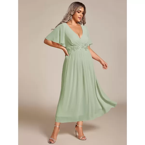 imageEverPretty Womens V Neck Pleated Plus Size Ruffles Sleeves Tea Length Wedding Guest Dresses 02093Mint Green