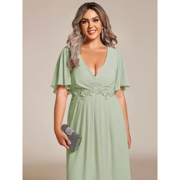 imageEverPretty Womens V Neck Pleated Plus Size Ruffles Sleeves Tea Length Wedding Guest Dresses 02093Mint Green