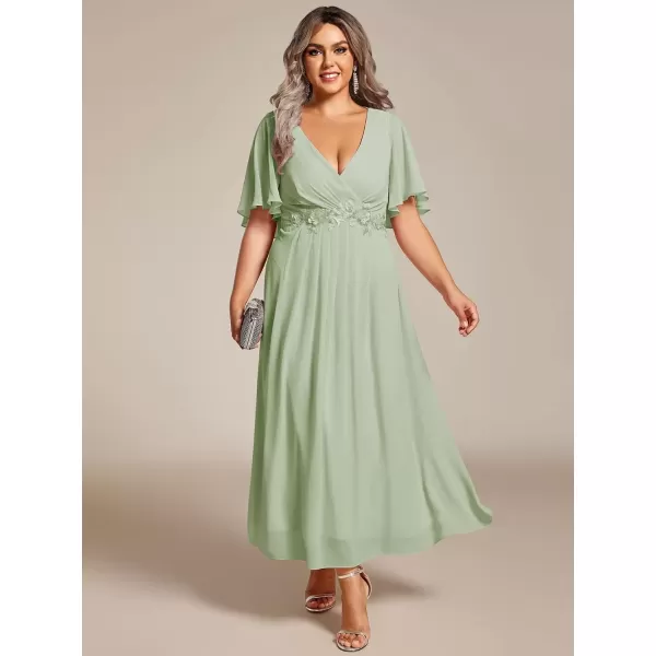 imageEverPretty Womens V Neck Pleated Plus Size Ruffles Sleeves Tea Length Wedding Guest Dresses 02093Mint Green