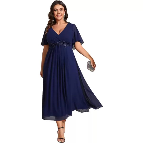 imageEverPretty Womens V Neck Pleated Plus Size Ruffles Sleeves Tea Length Wedding Guest Dresses 02093Navy Blue