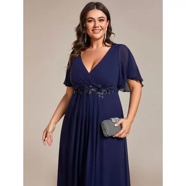 imageEverPretty Womens V Neck Pleated Plus Size Ruffles Sleeves Tea Length Wedding Guest Dresses 02093Navy Blue