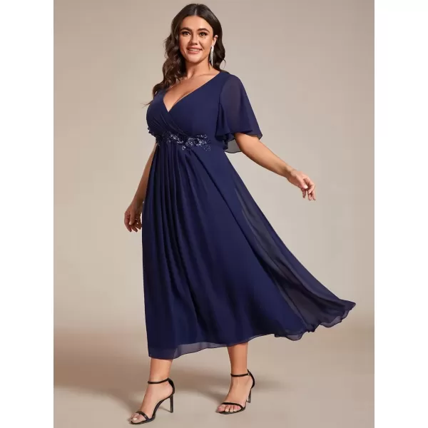 imageEverPretty Womens V Neck Pleated Plus Size Ruffles Sleeves Tea Length Wedding Guest Dresses 02093Navy Blue