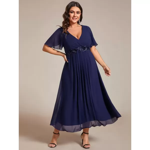 imageEverPretty Womens V Neck Pleated Plus Size Ruffles Sleeves Tea Length Wedding Guest Dresses 02093Navy Blue