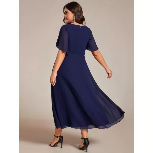 imageEverPretty Womens V Neck Pleated Plus Size Ruffles Sleeves Tea Length Wedding Guest Dresses 02093Navy Blue