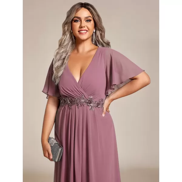 imageEverPretty Womens V Neck Pleated Plus Size Ruffles Sleeves Tea Length Wedding Guest Dresses 02093Orchid