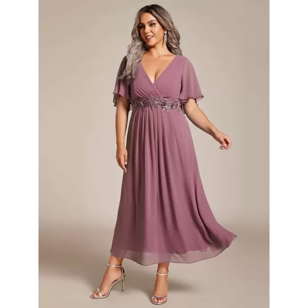 imageEverPretty Womens V Neck Pleated Plus Size Ruffles Sleeves Tea Length Wedding Guest Dresses 02093Orchid