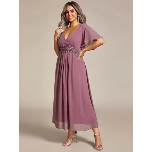 imageEverPretty Womens V Neck Pleated Plus Size Ruffles Sleeves Tea Length Wedding Guest Dresses 02093Orchid