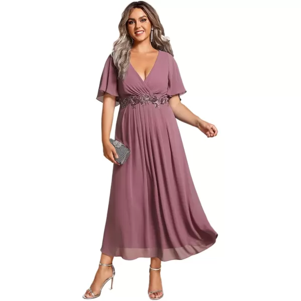 imageEverPretty Womens V Neck Pleated Plus Size Ruffles Sleeves Tea Length Wedding Guest Dresses 02093Orchid