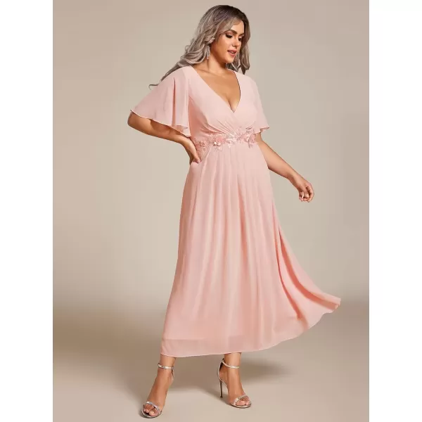 imageEverPretty Womens V Neck Pleated Plus Size Ruffles Sleeves Tea Length Wedding Guest Dresses 02093Pink