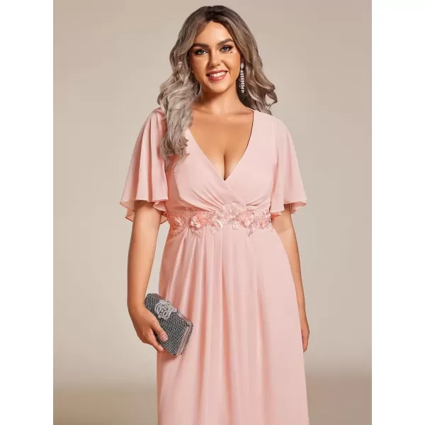 imageEverPretty Womens V Neck Pleated Plus Size Ruffles Sleeves Tea Length Wedding Guest Dresses 02093Pink