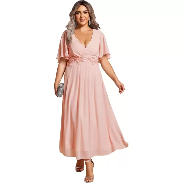 imageEverPretty Womens V Neck Pleated Plus Size Ruffles Sleeves Tea Length Wedding Guest Dresses 02093Pink