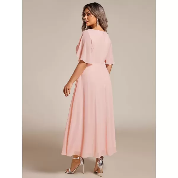 imageEverPretty Womens V Neck Pleated Plus Size Ruffles Sleeves Tea Length Wedding Guest Dresses 02093Pink