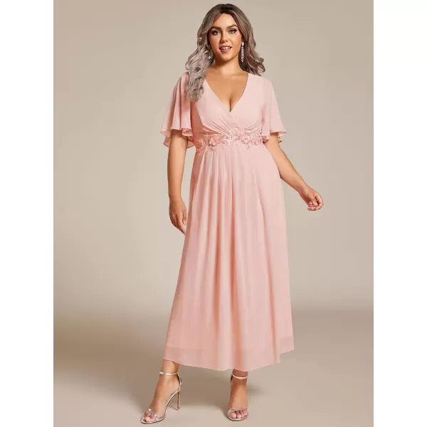 imageEverPretty Womens V Neck Pleated Plus Size Ruffles Sleeves Tea Length Wedding Guest Dresses 02093Pink