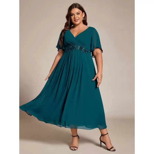 imageEverPretty Womens V Neck Pleated Plus Size Ruffles Sleeves Tea Length Wedding Guest Dresses 02093Teal