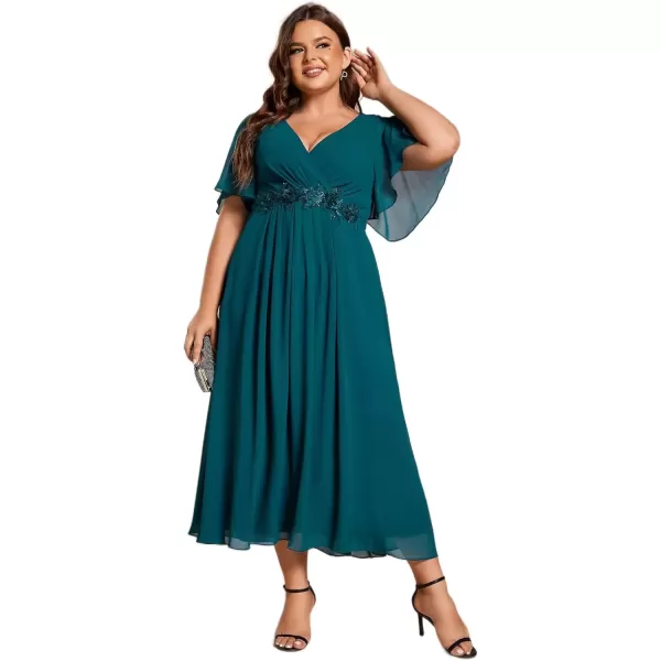 imageEverPretty Womens V Neck Pleated Plus Size Ruffles Sleeves Tea Length Wedding Guest Dresses 02093Teal