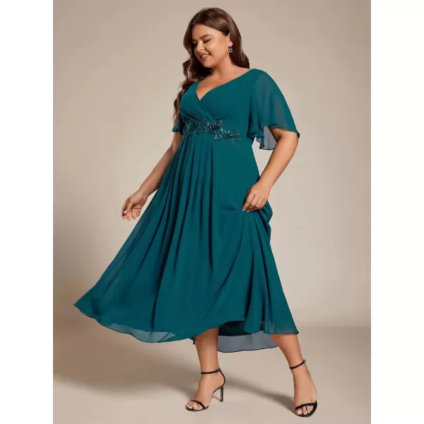 imageEverPretty Womens V Neck Pleated Plus Size Ruffles Sleeves Tea Length Wedding Guest Dresses 02093Teal