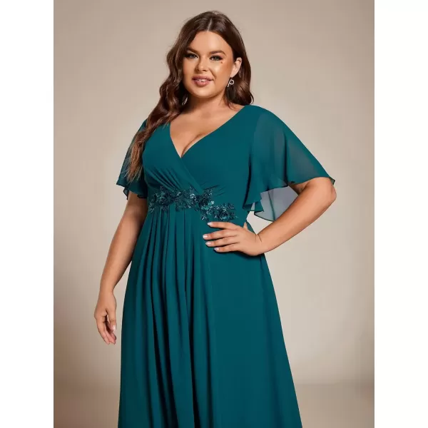 imageEverPretty Womens V Neck Pleated Plus Size Ruffles Sleeves Tea Length Wedding Guest Dresses 02093Teal