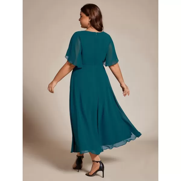 imageEverPretty Womens V Neck Pleated Plus Size Ruffles Sleeves Tea Length Wedding Guest Dresses 02093Teal