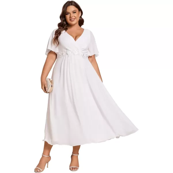 imageEverPretty Womens V Neck Pleated Plus Size Ruffles Sleeves Tea Length Wedding Guest Dresses 02093White