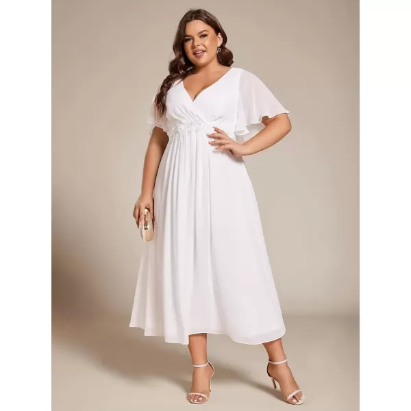 imageEverPretty Womens V Neck Pleated Plus Size Ruffles Sleeves Tea Length Wedding Guest Dresses 02093White