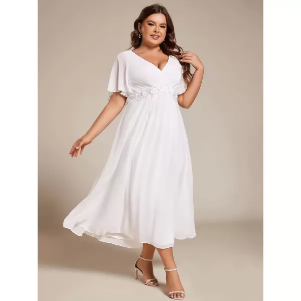 imageEverPretty Womens V Neck Pleated Plus Size Ruffles Sleeves Tea Length Wedding Guest Dresses 02093White