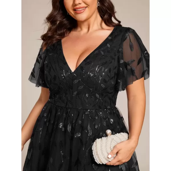 imageEverPretty Womens V Neck Short Sleeves Embroidery A Line Sequin Plus Size Knee Length Wedding Guest Dresses Black1 US16