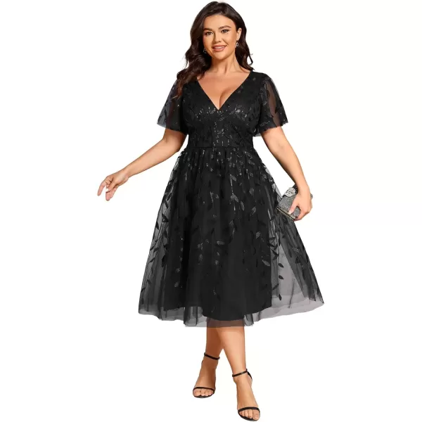 imageEverPretty Womens V Neck Short Sleeves Embroidery A Line Sequin Plus Size Knee Length Wedding Guest Dresses Black1 US16