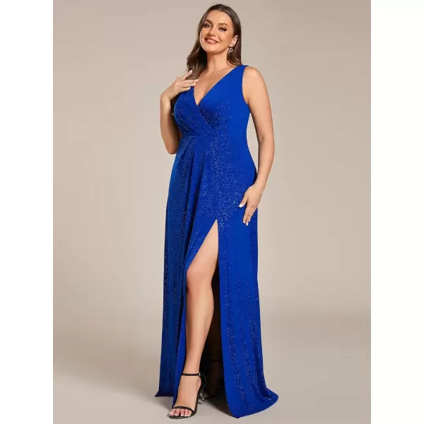 imageEverPretty Womens VNeck Glitter Dress Side Split Gliter Plus Size Semi Formal Dresses for Women 07505DASapphire Blue