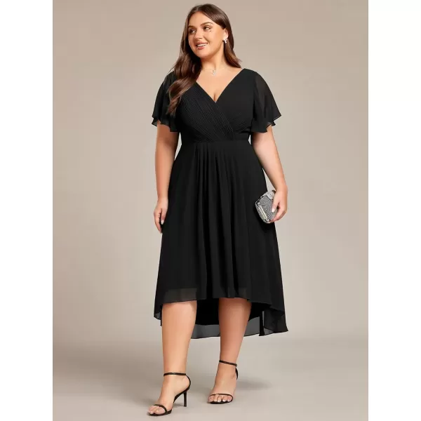 imageEverPretty A Line V Neck Chiffon Short Sleeves Knee Length Plus Size Wedding Guest Dresses for Curvy Women 01923DABlack