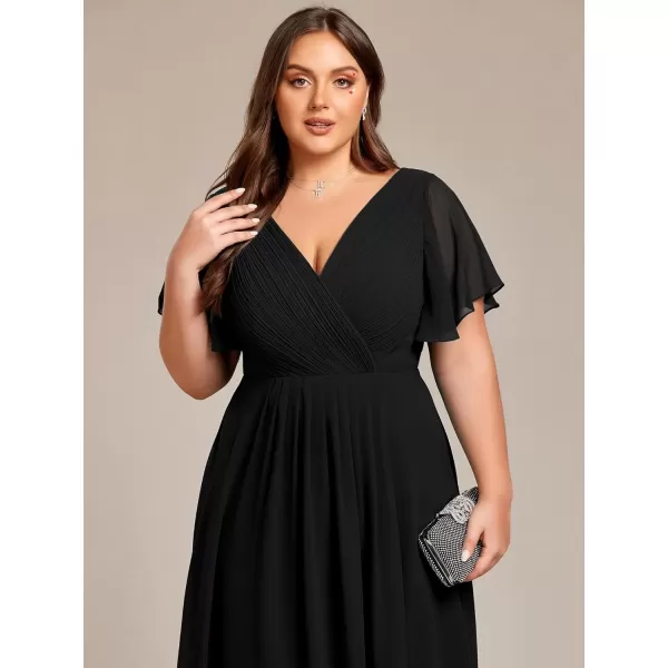 imageEverPretty A Line V Neck Chiffon Short Sleeves Knee Length Plus Size Wedding Guest Dresses for Curvy Women 01923DABlack