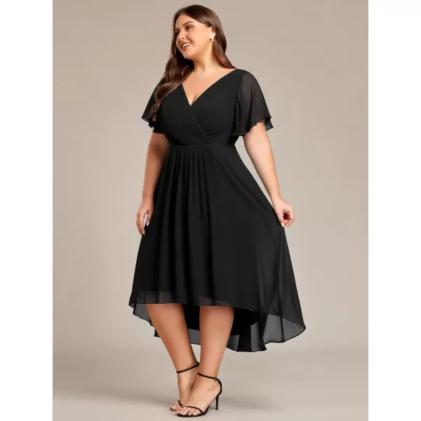 imageEverPretty A Line V Neck Chiffon Short Sleeves Knee Length Plus Size Wedding Guest Dresses for Curvy Women 01923DABlack