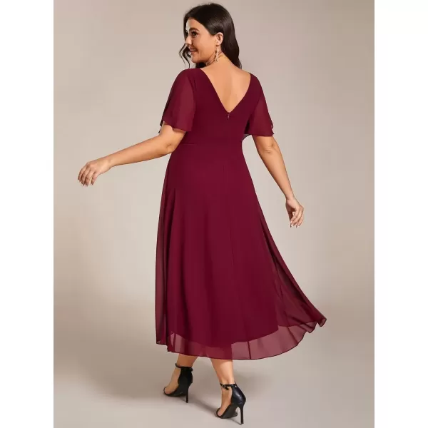 imageEverPretty A Line V Neck Chiffon Short Sleeves Knee Length Plus Size Wedding Guest Dresses for Curvy Women 01923DABurgundy