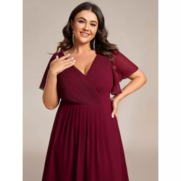 imageEverPretty A Line V Neck Chiffon Short Sleeves Knee Length Plus Size Wedding Guest Dresses for Curvy Women 01923DABurgundy