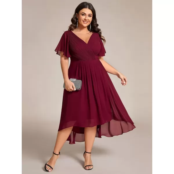 imageEverPretty A Line V Neck Chiffon Short Sleeves Knee Length Plus Size Wedding Guest Dresses for Curvy Women 01923DABurgundy