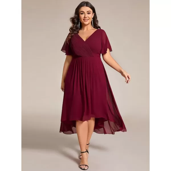 imageEverPretty A Line V Neck Chiffon Short Sleeves Knee Length Plus Size Wedding Guest Dresses for Curvy Women 01923DABurgundy