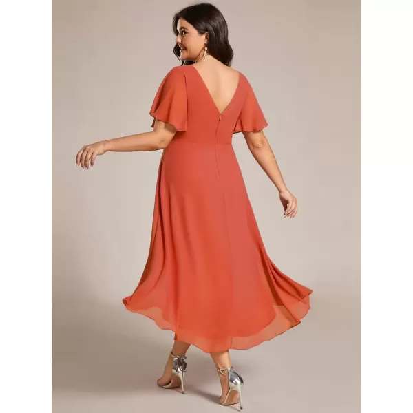 imageEverPretty A Line V Neck Chiffon Short Sleeves Knee Length Plus Size Wedding Guest Dresses for Curvy Women 01923DABurnt Orange