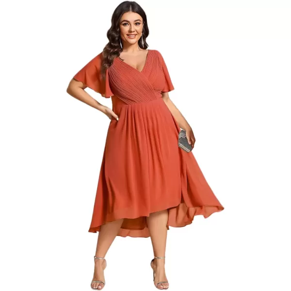 imageEverPretty A Line V Neck Chiffon Short Sleeves Knee Length Plus Size Wedding Guest Dresses for Curvy Women 01923DABurnt Orange