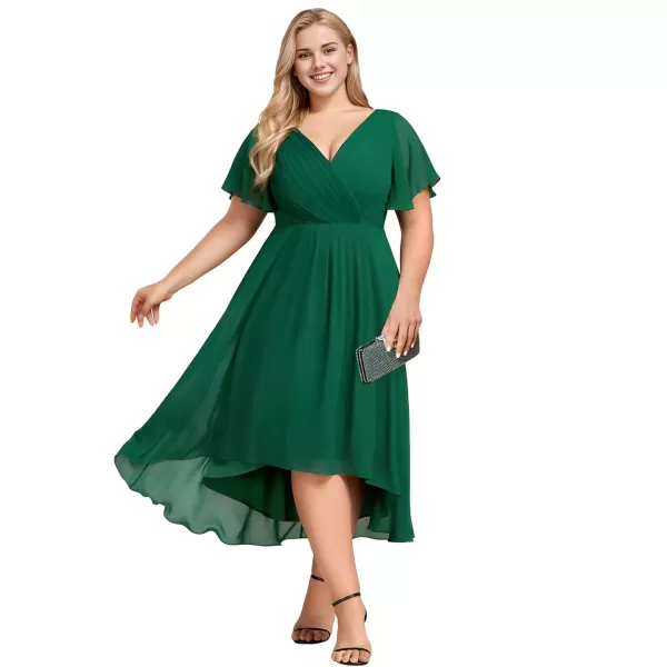 imageEverPretty A Line V Neck Chiffon Short Sleeves Knee Length Plus Size Wedding Guest Dresses for Curvy Women 01923DADark Green