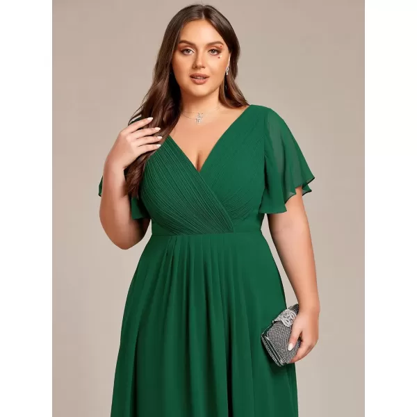 imageEverPretty A Line V Neck Chiffon Short Sleeves Knee Length Plus Size Wedding Guest Dresses for Curvy Women 01923DADark Green