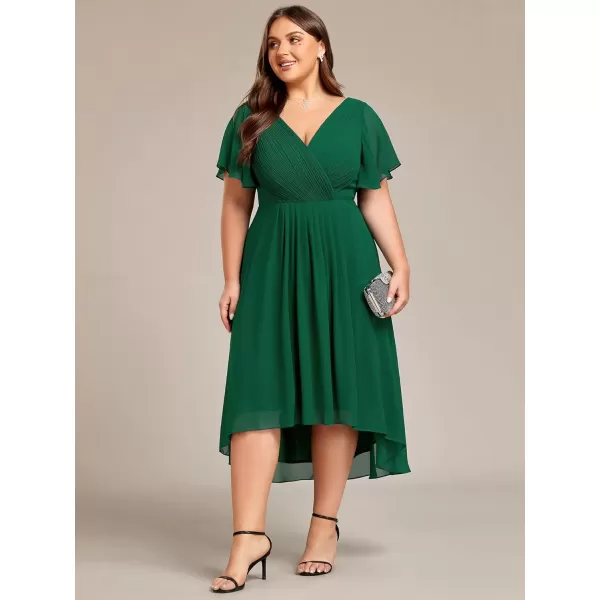 imageEverPretty A Line V Neck Chiffon Short Sleeves Knee Length Plus Size Wedding Guest Dresses for Curvy Women 01923DADark Green