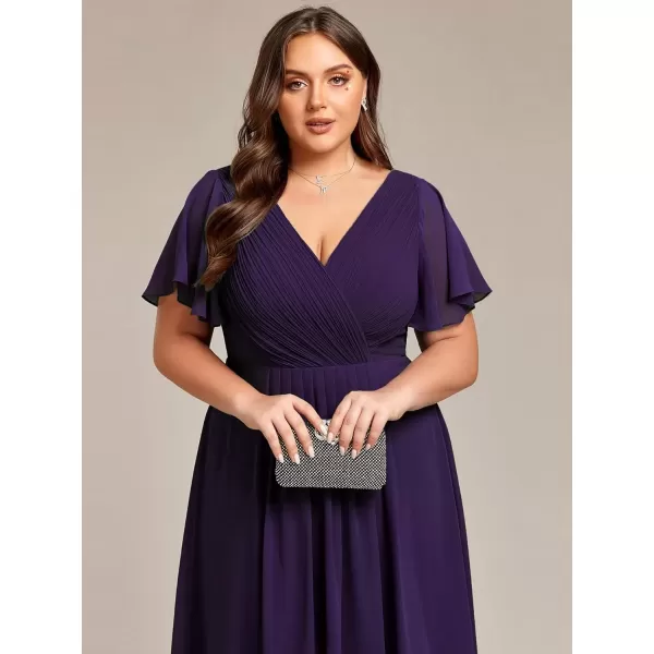 imageEverPretty A Line V Neck Chiffon Short Sleeves Knee Length Plus Size Wedding Guest Dresses for Curvy Women 01923DADeep Purple