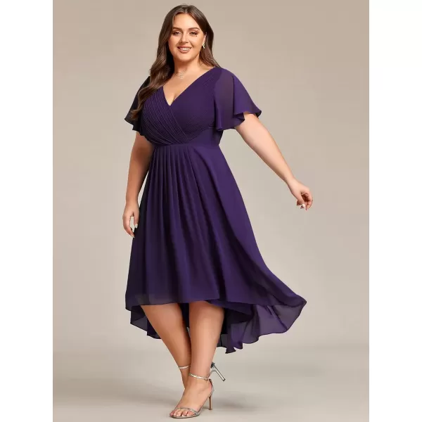 imageEverPretty A Line V Neck Chiffon Short Sleeves Knee Length Plus Size Wedding Guest Dresses for Curvy Women 01923DADeep Purple