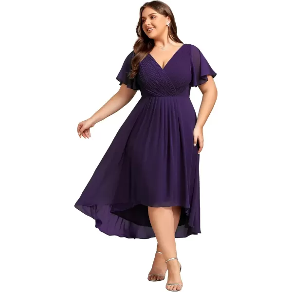 imageEverPretty A Line V Neck Chiffon Short Sleeves Knee Length Plus Size Wedding Guest Dresses for Curvy Women 01923DADeep Purple