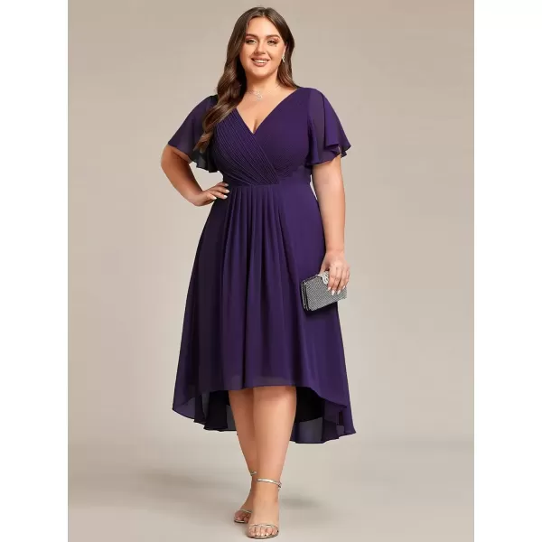 imageEverPretty A Line V Neck Chiffon Short Sleeves Knee Length Plus Size Wedding Guest Dresses for Curvy Women 01923DADeep Purple