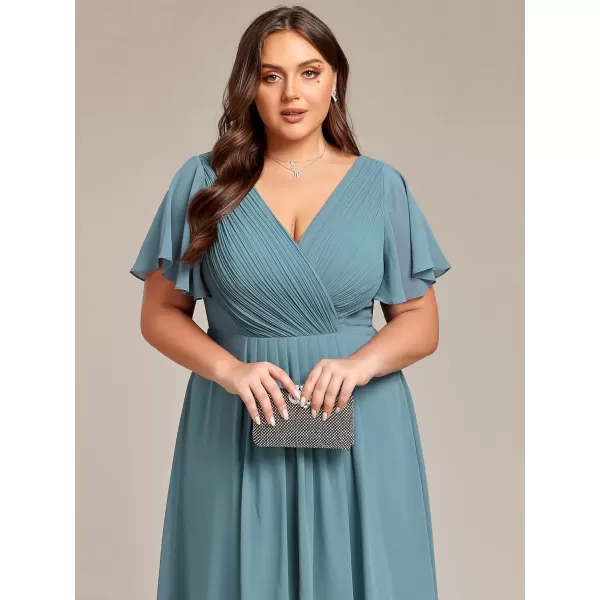 imageEverPretty A Line V Neck Chiffon Short Sleeves Knee Length Plus Size Wedding Guest Dresses for Curvy Women 01923DADusty Blue